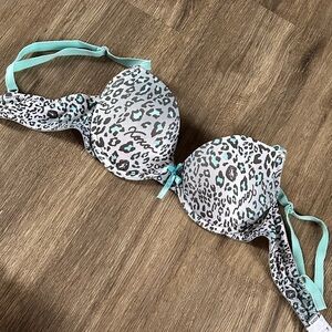 XOXO Gray Leopard Print Bra with Mint Accents